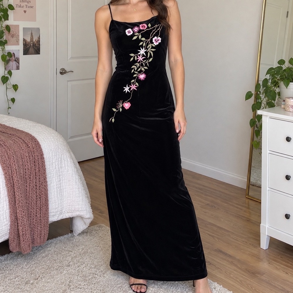 City Triangles vtg Black Velvet Embroidered Floral Maxi Dress L evening gown